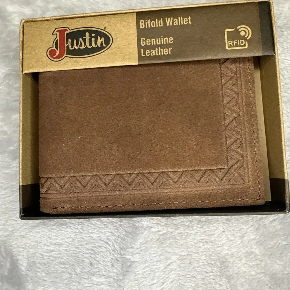 Justin Men's Wallet Bifold Brown Suede Leather Roughout RFID‎ Western Aztec NEW